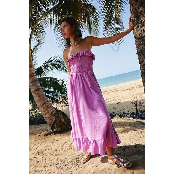 Free People Midi Dress Lush Life Linen Strapless Smocked Opera Mauve Size M New - Picture 10 of 11